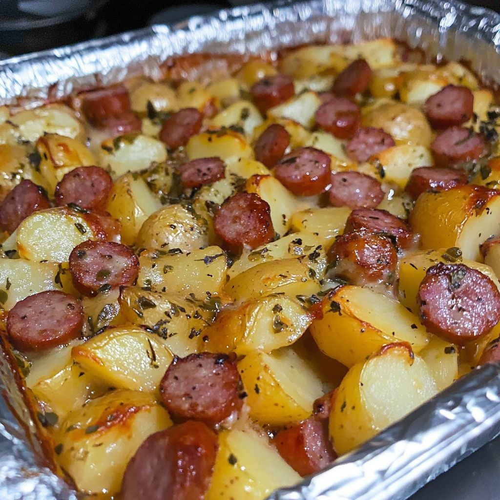 Papas fritas con cebollas y salchicha polaca ahumada dIAyjLB